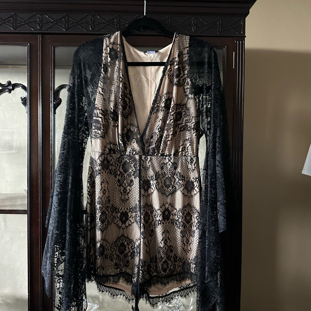 Venus Black and Tan Lace Long Sleeve Romper